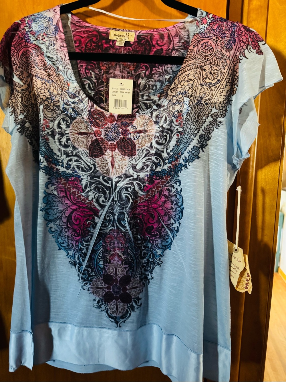 ONE WORLD Light Blue Floral Medallion V-Neck Tunic